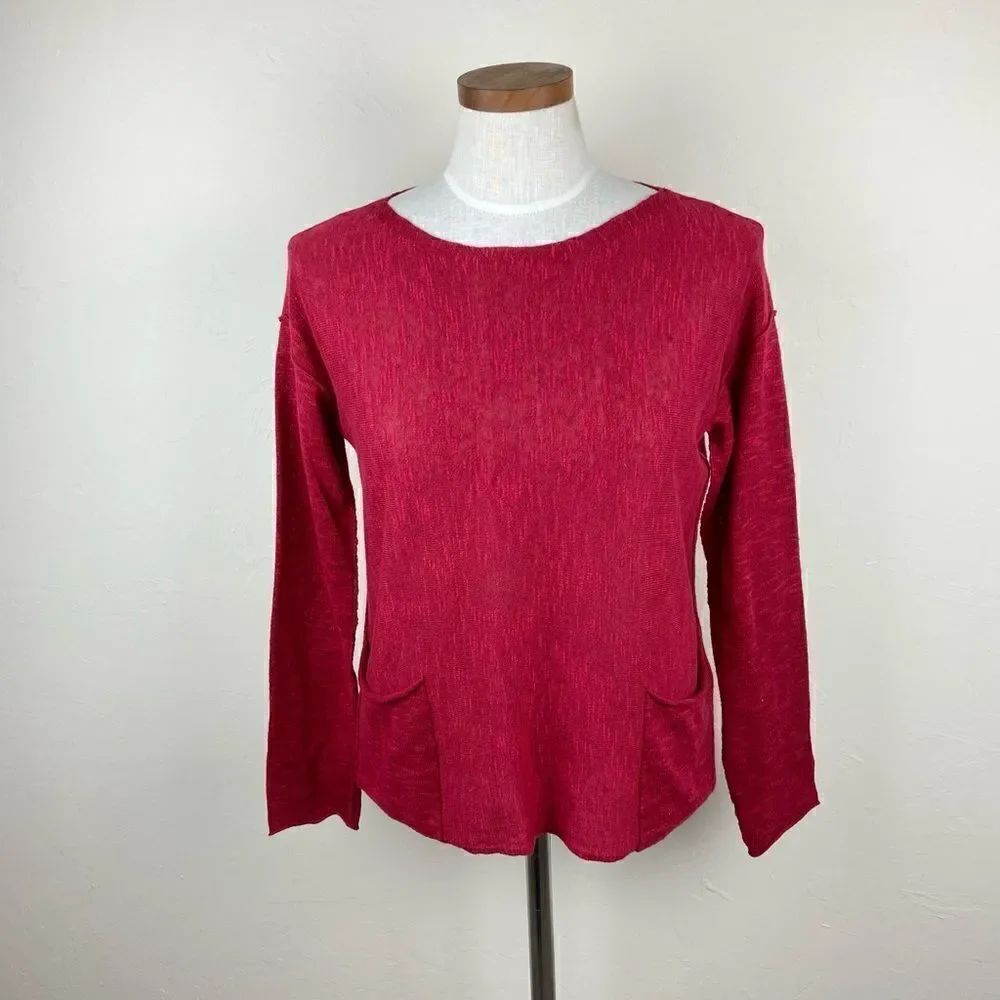 Eileen Fisher Linen Pocket Long Sleeve Top - Red